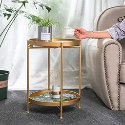 AALIYA MART Metal Side Table Multipupose Round 2-Tier End Table Foldable Coffee Table with Removable Tray for Living Room Bedroom or Balcony (Black) (Glossy Gold)-picture-25