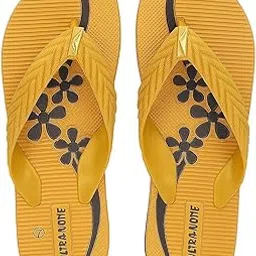 Women's Floral Pattern Flip Flops, Yellow and Black, Textured Sole-picture-25