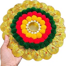 Handmade Wooden Base Pom Pom Decorative Diya Plate – Colorful Round Tealight Candle Holder with Pearls & Golden Design | Festive Rangoli Mat for Diwali Home Décor & Puja (Candle Holder)-image-75