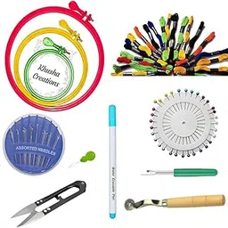 KHUSHA CREATIONS Embroidery Kit with 3 Plastic Hoops (8, 6, 4 Inch), 20 Threads, Assorted Needles, Seam Ripper, Water Erasable Pen, Thread Cutter & Tracing Wheel – DIY Sewing Craft Kit-picture-10