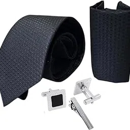 zitti Italian Silk Tie Pocket Square Set with Square Brass Cufflinks & Silver-Black Enamel Checkered Tie Pin | Premium Combo in Leather Box for Men – Formal Gift Set TP-19-picture-19