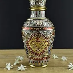 Vintage Gulley Marble Vase i Makrana Vase with Golden Finish I Home Decor I Living Room I Interior Decoration I Gifting I Anniversary (Golden) I Meenakari Work - 9 Inches I Peacock Design-picture-17