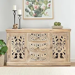 ND INTERNATIONAL Hand-Carved Mango Wood Sideboard Cabinet with Intricate Floral Design, 2 Doors and 3 Drawers, Natural Finish Storage Cabinet for Dining Room, Living Room, Entryway-picture-16