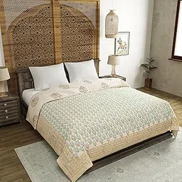 BLOCKS OF INDIA Hand Block Printed Cotton King Size Quilt/Rajai (90 Inch X 108 Inch, Brown Buta), Skin Friendly, 300 TC-picture-22