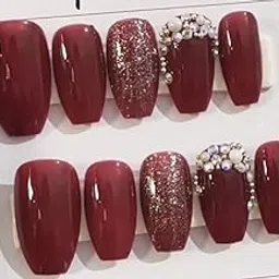 Reusable 12 pcs Coffin Shape Artificial Fake Nail Set | Lightweight, Long-lasting, Easy To Use, specially handmade (Maroon)-picture-42