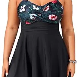 aqua eve Plus Size Tankini Swimsuits for Women Two Piece Bathing Suits Flowy Swim Dress with Shorts, Floral Black, 18 Plus-picture-16