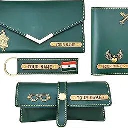 PU Leather Customized/Personalised All in One Women's Wallet Combo Gift/Leather Wallet, Key Chain, Passport Cover and Eyewear Case - Pack of 4 (Green)-image-24