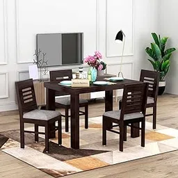 Douceur Furnitures Solid Wood 4 Seater Dining | Four Seater Dining Table Set with Four Upholstered Four Chairs for Dining Room| Hotel Finish- Walnut| with Grey Cushions image 1