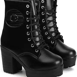 strasse paris Women's Round Toe Boots Buckle Lace Up Chunky, Block Heel Boots for Women & Girls image 1
