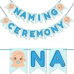 WOBBOX Naming Ceremony Bunting Banner - White Font & Blue Background, Decoration Kit and Items image 1
