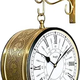 RoyalsCart Double Sided Vintage Wall Clock for Home & Living Room | Antique Golden Brass Finish Hanging Station Clock | Silent Non-Ticking Metal Wall Clock with 24-Hour Dials on Both Sides [KTWCGR8]-image-46