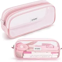 Kalidi Grid Mesh Pencil Case Large Capacity Pencil Case Big Pencil Pouch With Zipper Simple Stationery Bag Aesthetic Pen Bag For School Teen Girl Boy Multi-Purpose Bag, Pink-image-1