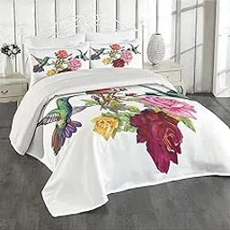 Lunarable Birds Coverlet, Hand Drawn Ornate Colorful Roses and Watercolor Hummingbirds Romantic Illustration, 3 Piece Decorative Quilted Bedspread Set with 2 Pillow Shams, Queen Size, Sage Green-picture-23