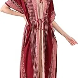 Cotton Kaftan Nighty for Women – Soft 100% Cotton Night Dress with Floral Print, Free Size, V-Neck, Adjustable Drawstring – Summer Sleepwear, Maternity Loungewear, Feeding Gown-image-69