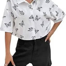 Butterfly Print Crop Top for Women | White Half Sleeve Lycra Shirt | Stretchable Button Down Cropped Shirt for Girls | Casual Summer Top for College, Travel & Daily Use |-picture-52
