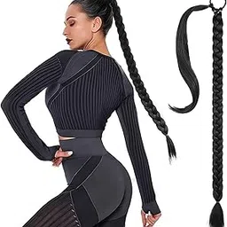 OSEN 25-Inch-Long Braided Straight Wrap Around Ponytail Hair Extensions with Hair Tie Synthetic Hairpieces for Women (Black)1 pcs-picture-49