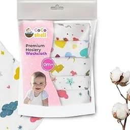 COCOSHELL Hosiery Cotton Premium Baby Washcloth, Washable, Reusable, Absorbent, Extra Soft Face Towel for Babies (Pack of 5) Vibrant Prints (Print & Package May Vary)-image-67