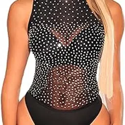 lrady Eiffel Women's Sheer Mesh Turtleneck Neck See Through Leotard Bodysuit Body Tops, Black-9, S-picture-29