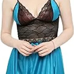 pillow play Satin & Black Lace Babydoll Nightwear Dress for Women-picture-28
