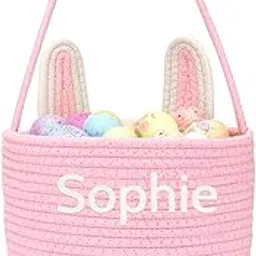 Personalized Easter Basket for Kids with Name - Custom Cute Embroidery Easter Bunny Rope Basket for Boys Girls, Easter Egg Hunt Basket (Pink)-picture-26