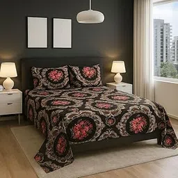 Floral Print Double Cotton Bedsheets, Size 90x100, Dark Brown-picture-36