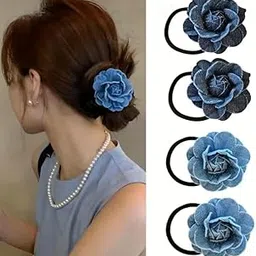 Melodio 4PCS Denim Blue Rose Flower Hair Ties for Women, French Elegant Ponytail Holders, Elastic Hair Bands for Buns-picture-49