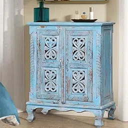 Vintage Distressed Wooden Storage Cabinet Blue Solid Wood Accent Cabinet with Carved Lattice Doors and 2 Storage Compartments, Handcrafted Rustic Furniture for Living Room, Bedroom-picture-21
