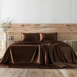 MINK HAVEN 300 TC Satin Silk Double Bed Flat Bedsheet | Luxuriously Soft, Smooth & Skin-Friendly | Elegant, Breathable & Durable for All Seasons | Perfect Daily Bedding | 90x100 Inches | Brown image 1