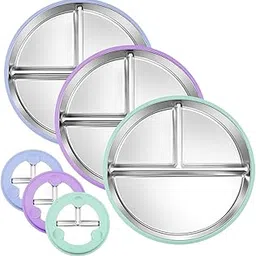 RENVA 3 PCS Stainless Steel Kids Plates Suction Plate for Baby,Divided Toddler Plates with Removable Silicone Sleeves for Mess-Free Feeding, Non-Toxic, Non-Slip (Multi Color, 3 Plate)-picture-32
