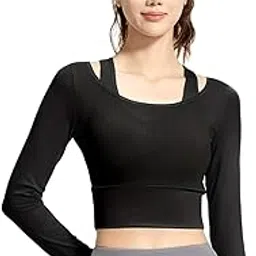 fashiol Women's Yoga Long Sleeve 2 in 1 Mesh Summer Athletic Tops Workout Shirts with Attached Padded Sports Bra | Fitness Crop Top Bralette-picture-42