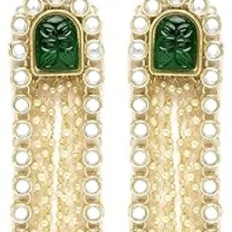 karatcart Gold Plated Green Carved Kundan Drop Earrings for Women image 1