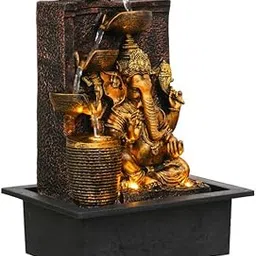 Polyresin Brown Golden Ganesha Idol Tabletop Indoor 4 Diya Steps Water Fountain for Home Decor with Yellow LED Light & Water Flow Controller Pump (Size: 39 x 29.5 x 22CM | Wt: 2195grm)-image-33