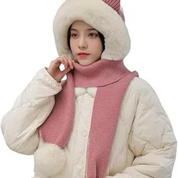 topibaaz Women Winter Hat Scarf for Girls Cute Fur Woolen Warm Hooded Bear Design Beanie Cap-picture-21