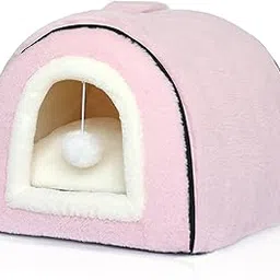 OMIVIER Cat Bed for Indoor Cats，Foldable cat cave，Anti-Slip & Water-Resistant Bottom，cat Houses for Indoor Cats or Small Dogs, Kitten Tent, Rabbit Bed，2 in 1 pet Bed (Pink)-picture-18