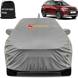 AUTOMOZEXO Kia Sonet Car Cover with Mirror & Antena Pocket Waterproof Inner Cotton Layer Adjustable Belt Bottom Elastic Triple Stitched Cover to Secure fit and Protect from All Indian Climates (Grey)-image-1