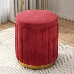 Wooden Legacy Modern Round Flannel Ottoman Foot Rest Vanity Stool with Gold Metal Legs | Soft Padded Accent Chair for Bedroom, Living Room, or Makeup Vanity | Elegant Home Furniture (RED)-image-62