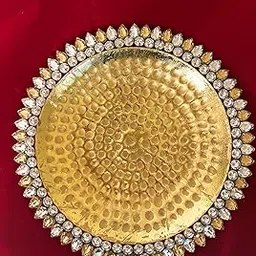 Agaas Enterprises Crystal Decorative Metal Pooja Plate Plate Puja Thali 12inch Arti Thali Set with Matching Diya Home Oaffice Diwali Wedding Return Gift_ Golden-picture-19