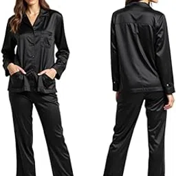 Women's Premium Silk-Feel Pajama Set - Black - Size XS | Luxury Nightwear | Soft Sleepwear for Women-image-30