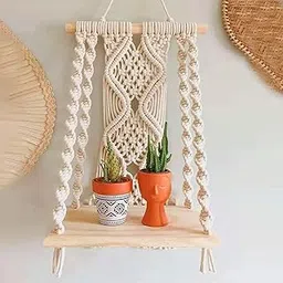 Daruh craft Macrame Wall Hanging Plant Decor Shelf Indoor Outdoor Floating Wood shelve Decorative Hand Made Rope Boho Shelving for Plants-image-7