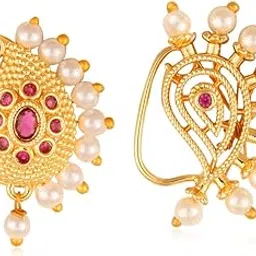 vivastri fashion jewellery Vivastri Premium Gold Plated White Pearl,Moti Beaded Alloy Nath,Nathiya,Nosepin,Nosering,Guttapusalu For Women & Girls -VIVA1109-1110NTH-Press-Red-picture-32
