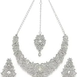 High-Fashion Rhodium Plated Silver AD White Stones Floral Collar Bone Necklace Set With Earring And Maangtika | Jewellery Set For Women (NS105612)-image-21