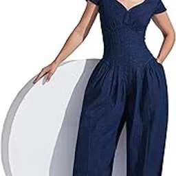 Womens Scoop Neck Cap Sleeve Pin Tucked Dhoti Style Denim Jumpsuit-image-73