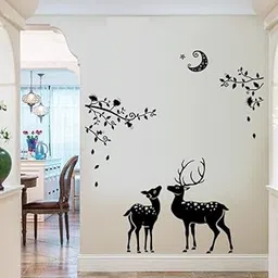 INKFENCE 110 cm Wall Decal Sticker Black Deer Leaf Design with Moon Night Stars Self Adhesive Sticker (Pack of 1)-picture-19