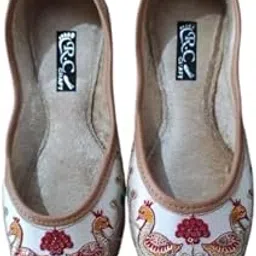 Women's Embroidered Peacock Design Ballet Flats, White and Tan, Traditional Indian Style Mojari with Floral Pattern-picture-54
