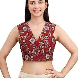 Frolic Rolic Maroon Silk Blend Kalamkari Print Smoking Details V-Neck Blouse-image-7