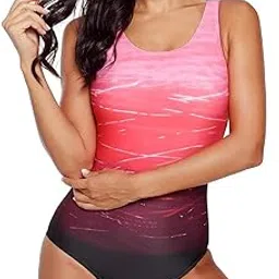maiableau One Piece Swimsuits Women Criss Cross Back Color Block Print Athletic Modest Swimwear, Pink, L image 1