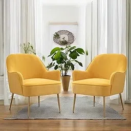 CHAIR DECOR Luxe Velvet Accent Chair with Golden Legs | Set of 2 Luxury Upholstered Armchair for Living Room, Bedroom, Office, or Cafe | Comfortable Modern Cozy Sofa with 2 Pillows (Yellow)-picture-39