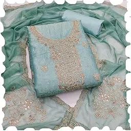 Designer Glass Silk Unstitched Suit Set with Embroidered Dupatta, Mint Green, 4-Piece Set with Zari Work-picture-31