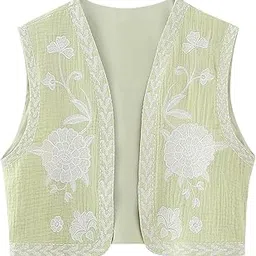 shopora Women Floral Embroidery Vest Open Front Jacket Vintage Style Female Crop Top L Light Green | Womens Clothing | Coats & Jackets-picture-10