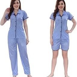 romaisa Women's Satin Solid Nightsuit Regular Length Top and Pyjama with Shorts (Size - Free Size) (Nightsuit Set Pack of 3)-picture-31